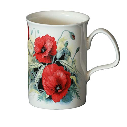 Roy Kirkham Lancaster Poppy Flower Mug - Red Poppy Flower Bud Poppies Chamomile Widfllowers, Ceramic Floral Coffee Mug Cup 11 oz