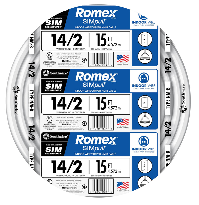 [Australia - AusPower] - Southwire Romex Brand Simpull Solid Indoor 14/2 W/G NMB Cable 15ft coil - SW# 28827426 