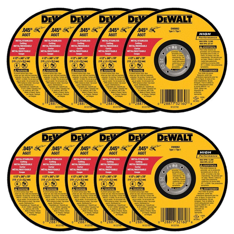 [Australia - AusPower] - DeWalt DW8062 4-1/2"x.045"x7/8" Metal Angle Grinder Thin Cutoff Wheel, 10 Pack 