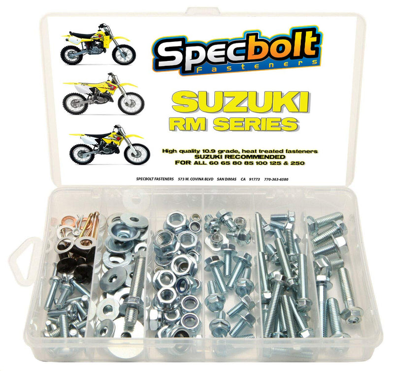 120pc Specbolt Suzuki RM Two Stroke Bolt Kit for Maintenance & Restoration of MX Dirtbike OEM Spec Fastener RM60 RM65 RM80 RM85 RM100 RM125 RM250 Models 60 65 80 85 100 125