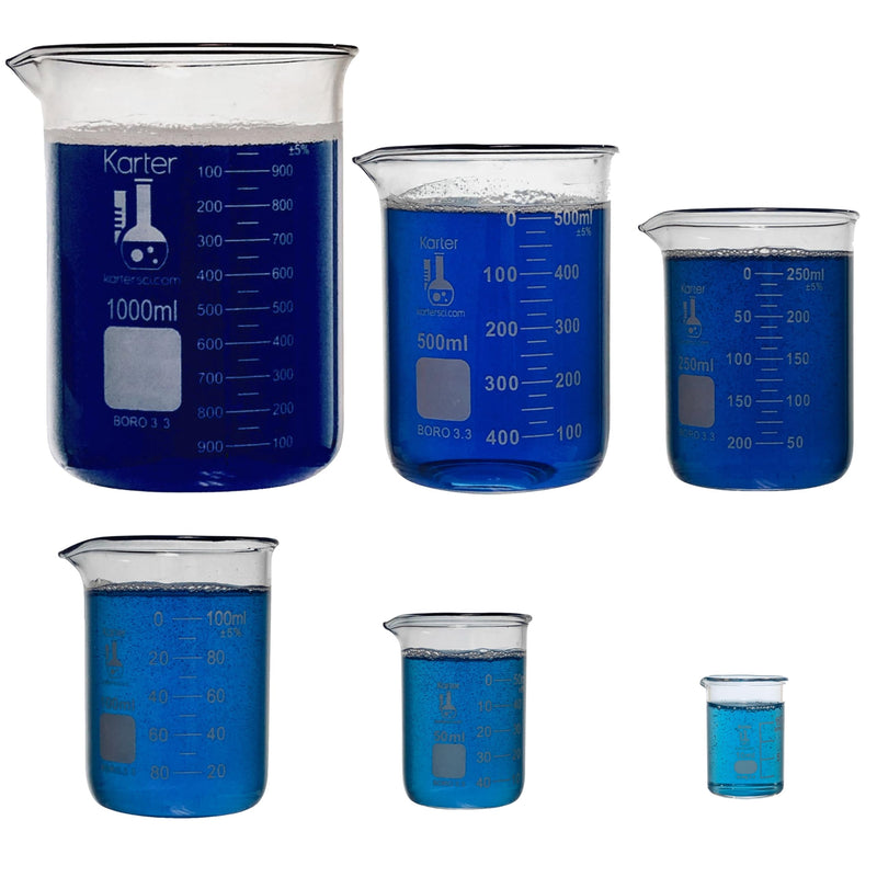 [Australia - AusPower] - Karter Scientific, 3.3 Boro, Griffin Low Form, Glass Beaker Set - 6 Sizes - 10ml, 50ml, 100ml, 250ml, 500ml, 1000ml 6-Piece Set Pack of 6 