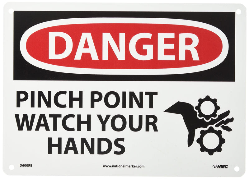 NMC D600RB OSHA Sign, Legend "DANGER - PINCH POINT WATCH YOUR HANDS" with Graphic, 14" Length x 10" Height, Rigid Plastic, Black/Red on White
