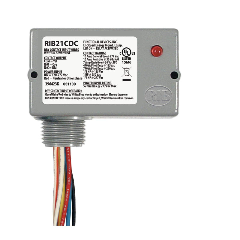 [Australia - AusPower] - Functional Devices RIB21CDC Dry Contact Relay, 10 Amp SPDT, Class 2 Dry Contact Input, 120-277 Vac Power Input, NEMA 1 Housing 