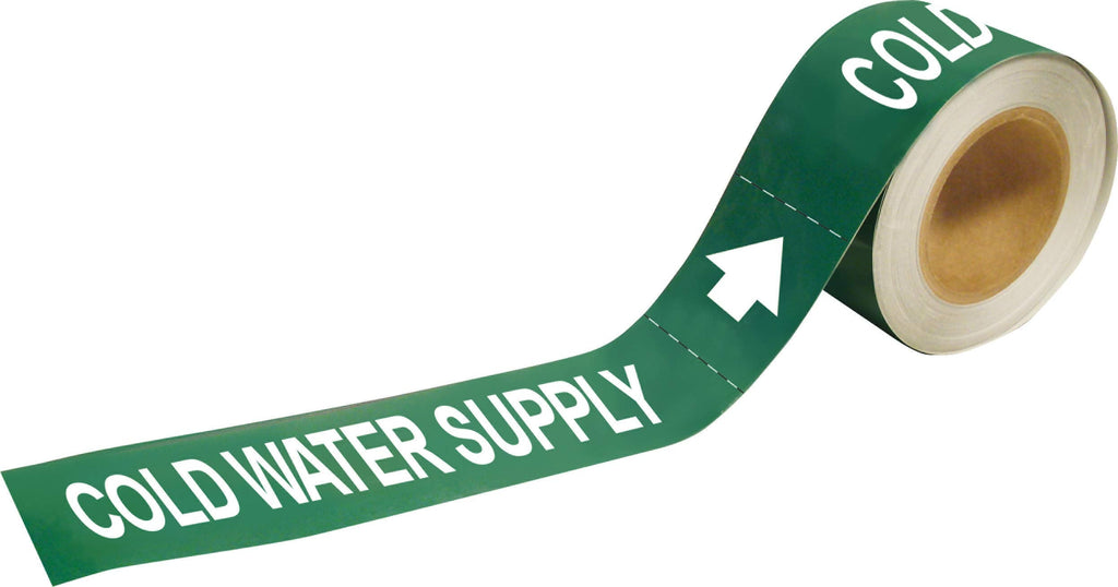 Brady 20414 Economy Pipe Markers-to-Go, B-736, 1" Height X 8" Width, White On Green Self-Sticking - Plastic Film, Legend "Cold Water Supply"