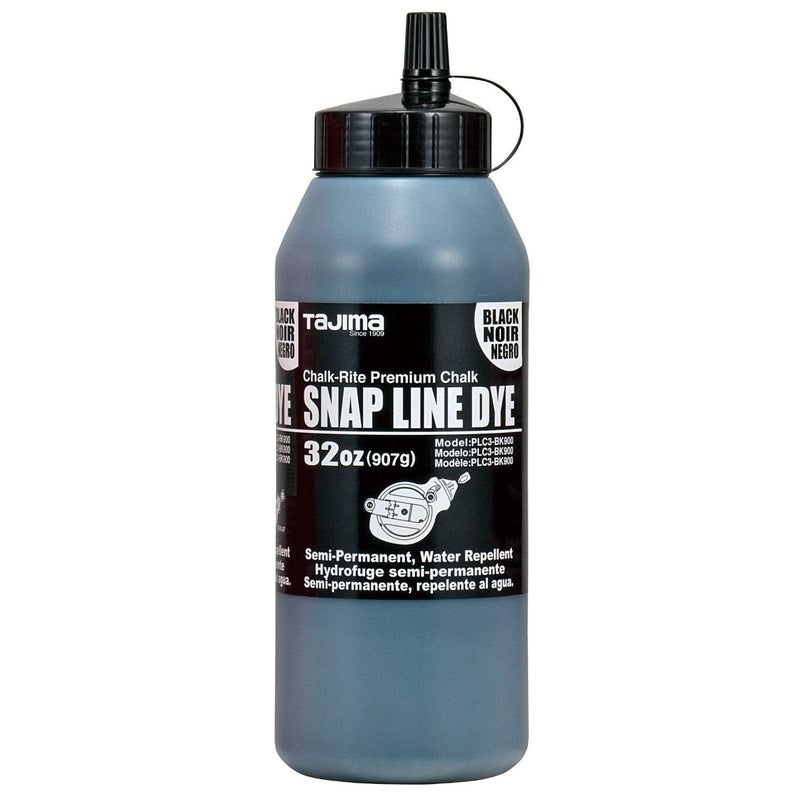 TAJIMA Marking Chalk - Black 32 oz (907g) Semi Permanent Snap-Line Dye with Durable Bottle & Easy-Fill Nozzle - PLC3-BK900
