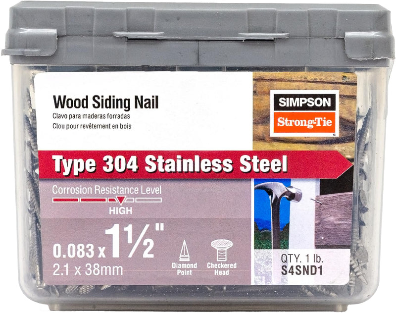 Simpson Strong-Tie S4SND1 Ring-Shank Wood Siding Nail, 1-1/2 Inch x 0.083 Inch, 14 Gauge, Full Round Head, Diamond Point, Type 304 Stainless Steel (Pack of 120)