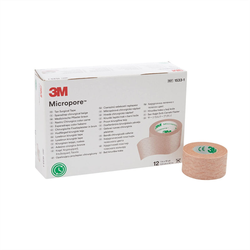 3M Microfoam Surgical Tape, Non-Sterile, Easy Tear Paper, Tan, 1 in x 10 yds, 12 Count