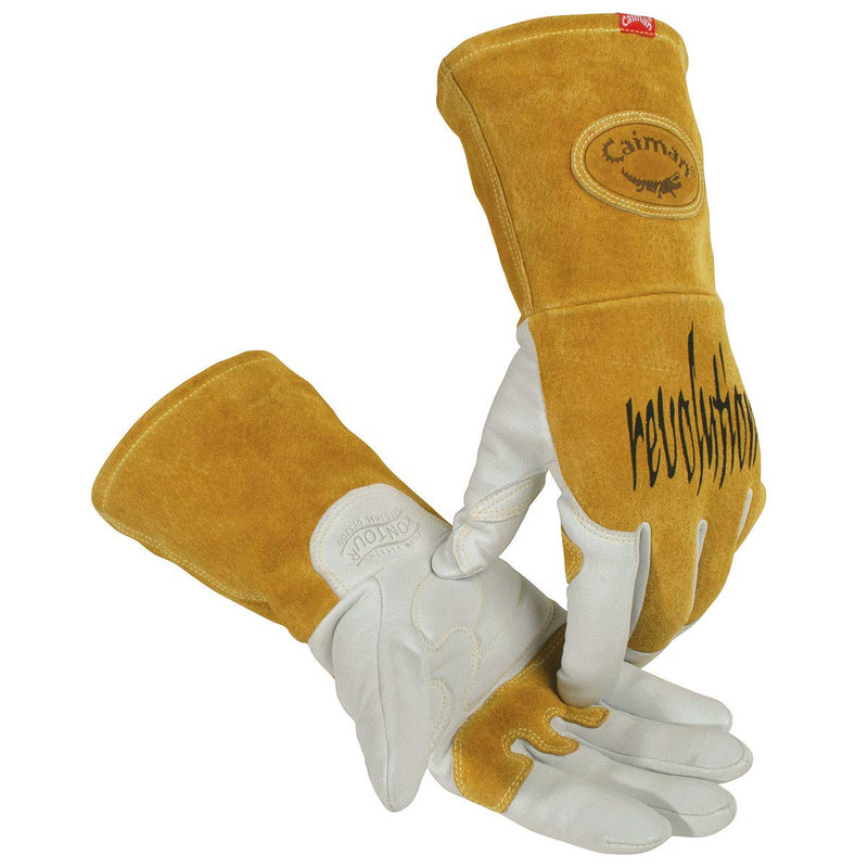 Caiman Premium Goat Grain TIG/MIG Welding Gloves, Split Cowhide Back, Flame Resistant Back, Unlined, Kontour, Kevlar, White/Gold, Medium (1868-4) Gold/White