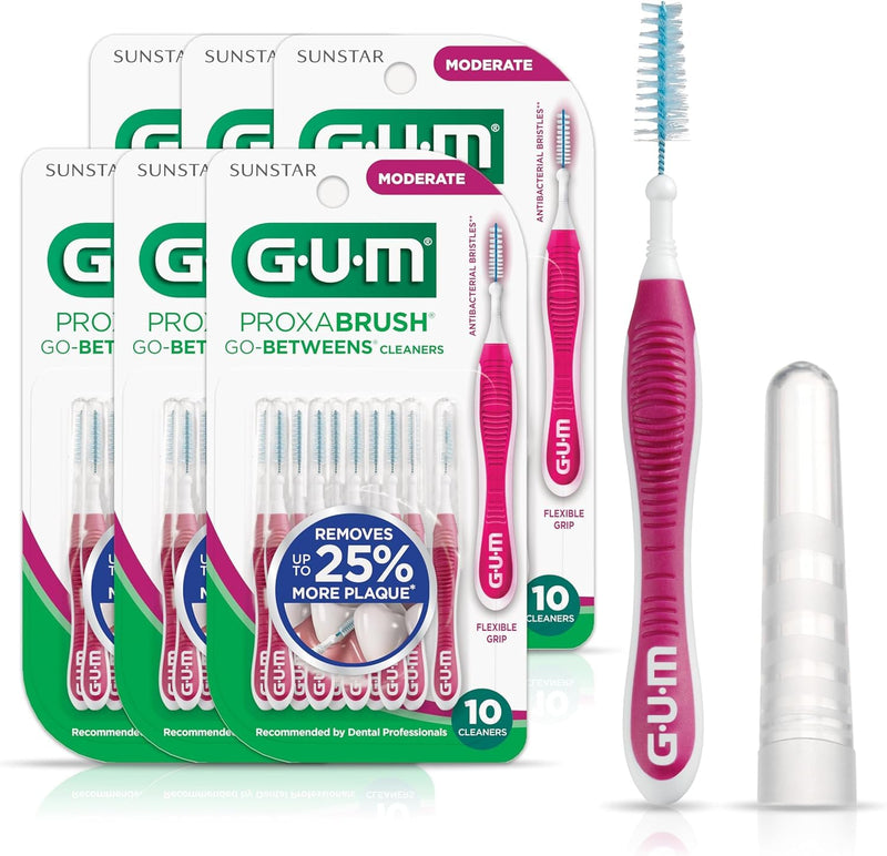 [Australia - AusPower] - GUM Proxabrush Go-Betweens - Moderate, Interdental Brushes Between Teeth, Dental Picks for Plaque Removal, Safe for Braces & Dental Devices, 10ct (Pack of 6) 