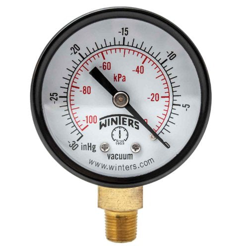 Winters Instruments 2-inch utility dry vacuum pressure gauge with black steel case, brass internals, bottom mount