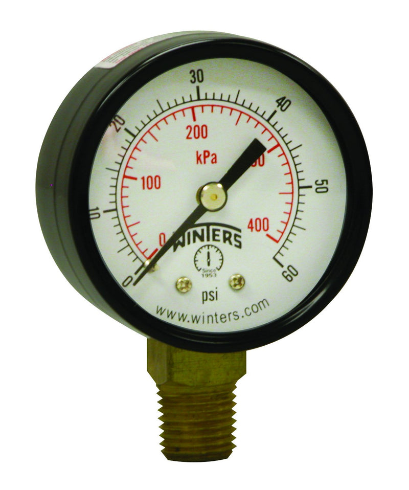 [Australia - AusPower] - Winters 2 inch Dial Size, Multi Function Economy Utility Dry Pressure Gauge, Brass Internals, Black Steel Case, Dual Scale 0-60 psi/kPa, 3-2-3% Accuracy, 1/4 inch NPT Bottom Mount, Pressure Gauge 0/60 PSI/KPA 