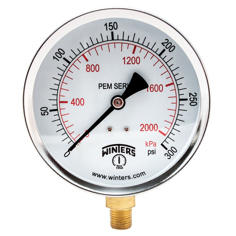 [Australia - AusPower] - Winters 4 inch Dial Size, Multi Function Economy Utility Dry Pressure Gauge, Brass Internals, Steel Case, Dual Scale 0-300 psi/kPa, 3-2-3% Accuracy, 1/4 inch NPT Bottom, Glass Lens, Pressure Gauge 0/300 PSI/KPA 