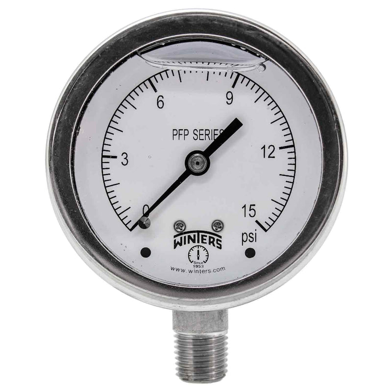 [Australia - AusPower] - Winters PFP Series Premium Stainless Steel 304 Single Scale Liquid Filled Pressure Gauge, 0-15 psi, 2-1/2" Dial Display, +/-1.5% Accuracy, 1/4" NPT Bottom Mount 
