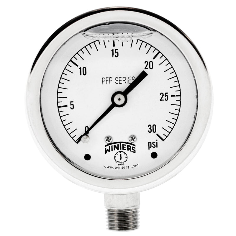 [Australia - AusPower] - Winters PFP Series Premium Stainless Steel 304 Single Scale Liquid Filled Pressure Gauge, 0-30 psi, 2-1/2" Dial Display, +/-1.5% Accuracy, 1/4" NPT Bottom Mount 