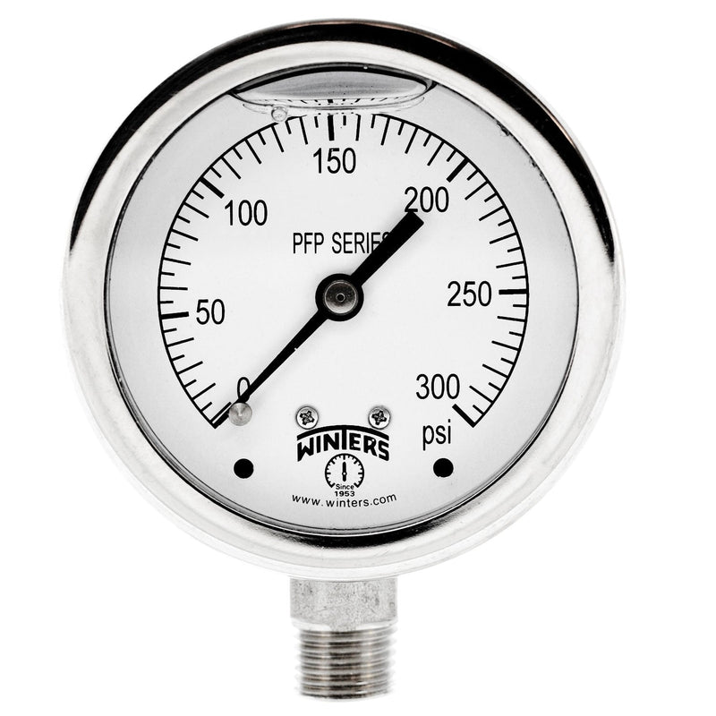 [Australia - AusPower] - Winters PFP Series Premium Stainless Steel 304 Single Scale Liquid Filled Pressure Gauge, 0-300 psi, 2-1/2" Dial Display, +/-1.5% Accuracy, 1/4" NPT Bottom Mount 