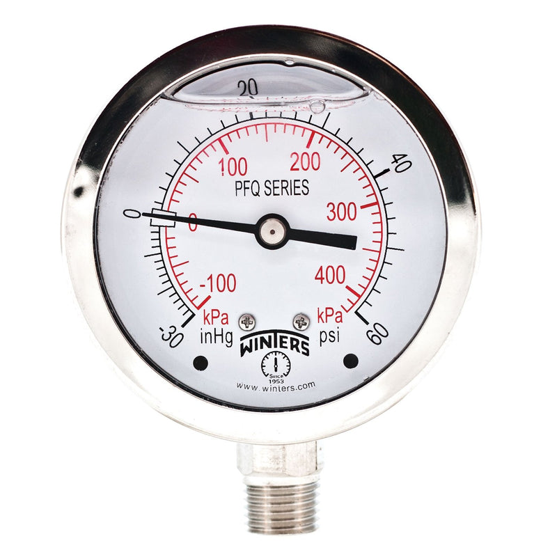 [Australia - AusPower] - Winters 2-1/2" Dial Size, Liquid Filled Industrial Pressure Gauge, Stainless Steel Case and Internals, Dual Scale 30" Hg-0-60 psi/kPa, 1.5% Acc, 1/4" NPT Bottom Mount, Pressure and Vacuum Gauge 