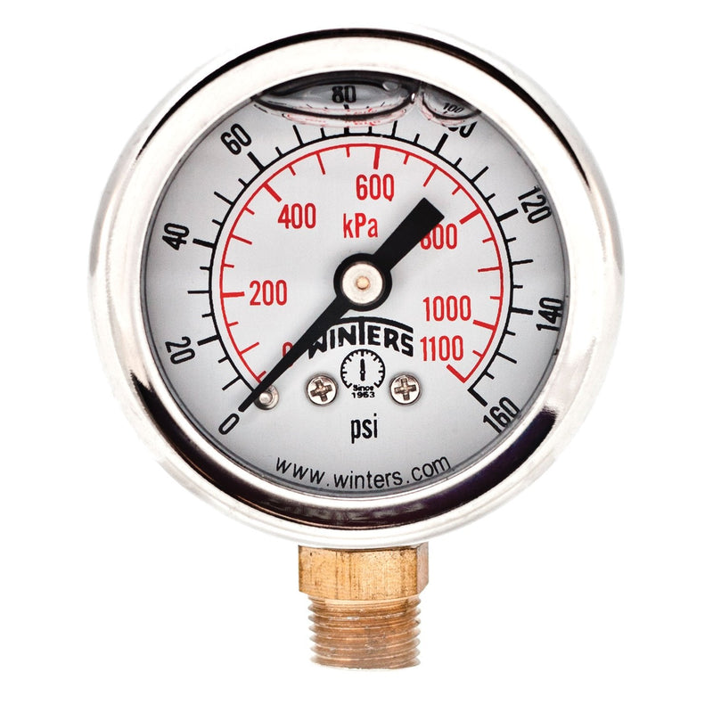 [Australia - AusPower] - Winters 1-1/2 inch Dial Size, Glycerin Filled Industrial Pressure Gauge, Brass Internals, 304 Stainless Steel Case, Dual Scale 0-160 psi/kPa, 2.5% Acc, 1/8 inch NPT Bottom Mount, Liquid Filled Gauge 0/160 PSI/kPa 