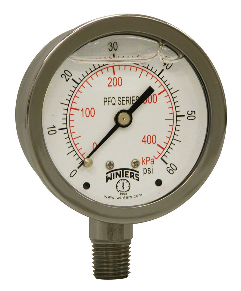 [Australia - AusPower] - Winters 2-1/2" Dial Size, Liquid Filled Industrial Pressure Gauge, Stainless Steel Case and Internals, Dual Scale 0-60 psi/kPa, 1.5% Acc, 1/4" NPT Bottom Mount, Glycerin Filled Pressure Gauge 