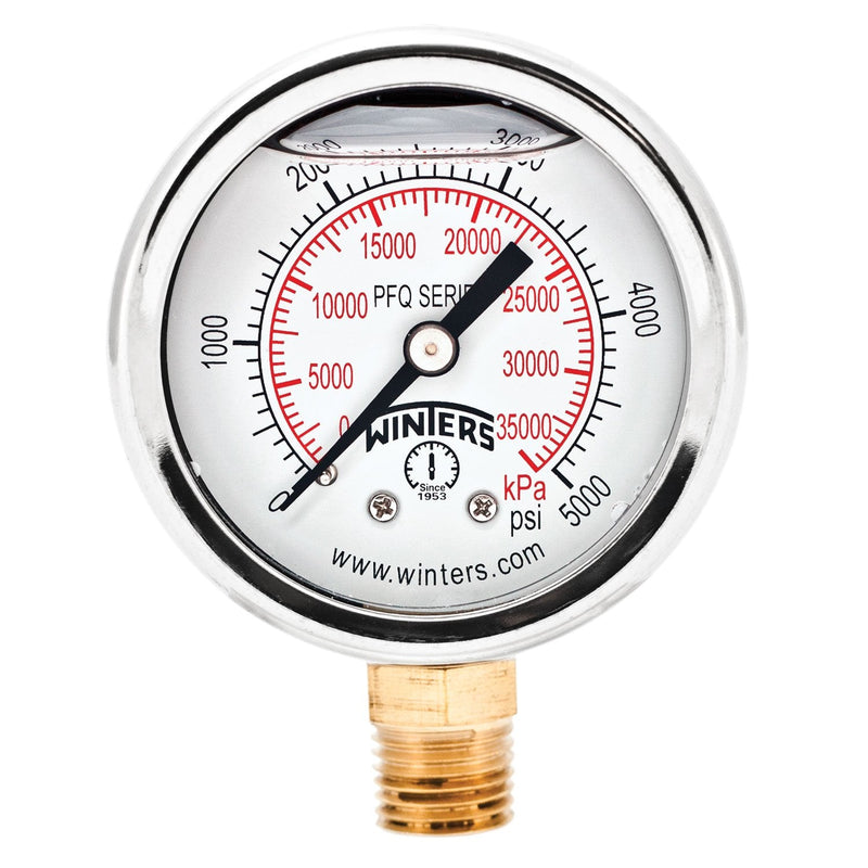 [Australia - AusPower] - Winters 2" Dial Size, Liquid Filled Industrial Pressure Gauge, Brass Internals, 304 Stainless Steel Case, Dual Scale 0-5,000 psi/kPa, 2.5% Acc, 1/4" NPT Bottom Mount, Glycerin Filled Pressure Gauge 0/5,000 PSI/kPa 