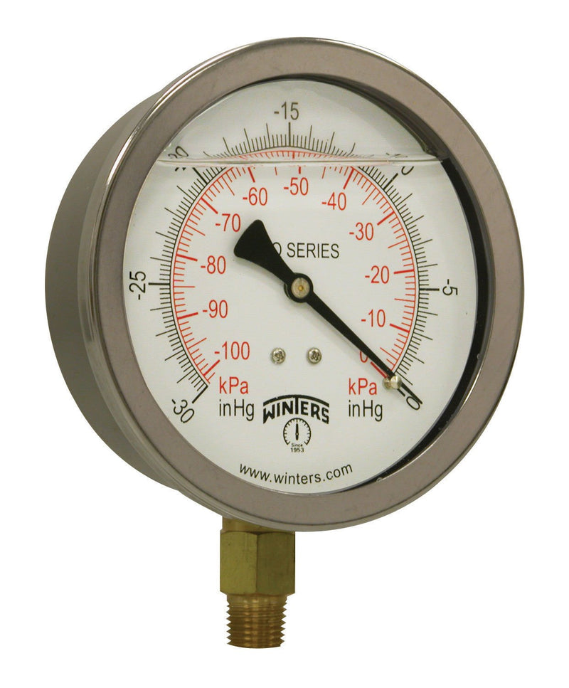 [Australia - AusPower] - Winters 4" Dial Size, Liquid Filled Industrial Pressure Gauge, Brass Internals, 304 Stainless Steel Case, Dual Scale 30" Hg-0-15 psi/kPa, 1.5% Acc, 1/4" NPT Bottom Mount, Pressure and Vacuum Gauge 