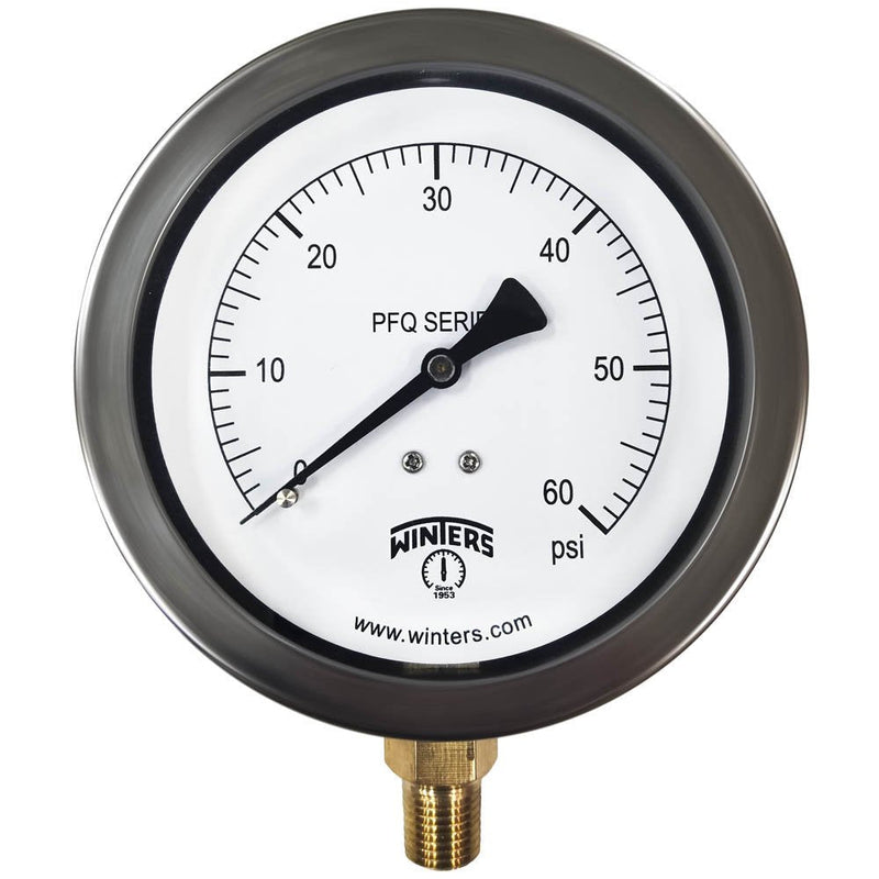 [Australia - AusPower] - Winters 4" Dial Size, Liquid Filled Industrial Pressure Gauge, Brass Internals, 304 Stainless Steel Case, Single Scale 0-60 psi, 1.5% Acc, 1/4" NPT Bottom Mount, Glycerin Filled Pressure Gauge 0/60 PSI 