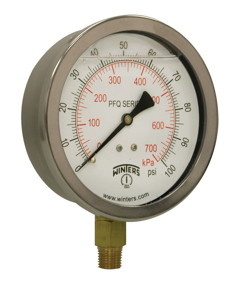 [Australia - AusPower] - Winters 4" Dial Size, Liquid Filled Industrial Pressure Gauge, Brass Internals, 304 Stainless Steel Case, Dual Scale 0-100 psi/kPa, 1.5% Acc, 1/4" NPT Bottom Mount, Glycerin Filled Pressure Gauge 