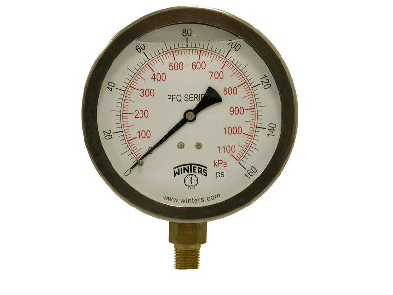 [Australia - AusPower] - Winters 4" Dial Size, Liquid Filled Industrial Pressure Gauge, Brass Internals, 304 Stainless Steel Case, Dual Scale 0-160 psi/kPa, 1.5% Acc, 1/4" NPT Bottom Mount, Glycerin Filled Pressure Gauge 