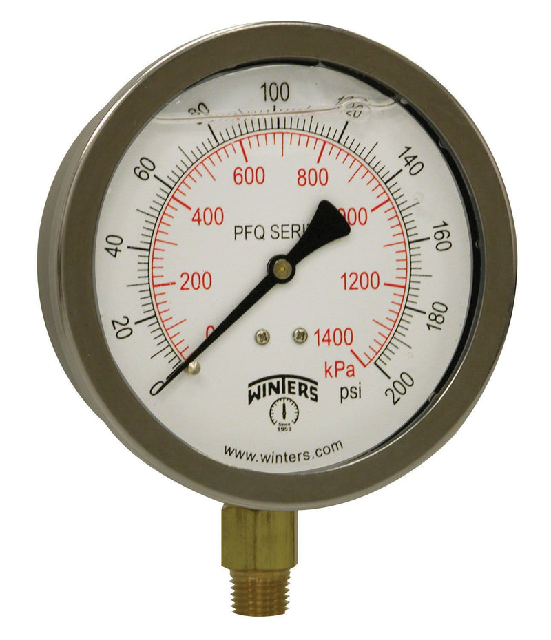 [Australia - AusPower] - Winters 4" Dial Size, Liquid Filled Industrial Pressure Gauge, Brass Internals, 304 Stainless Steel Case, Dual Scale 0-200 psi/kPa, 1.5% Acc, 1/4" NPT Bottom Mount, Glycerin Filled Pressure Gauge 