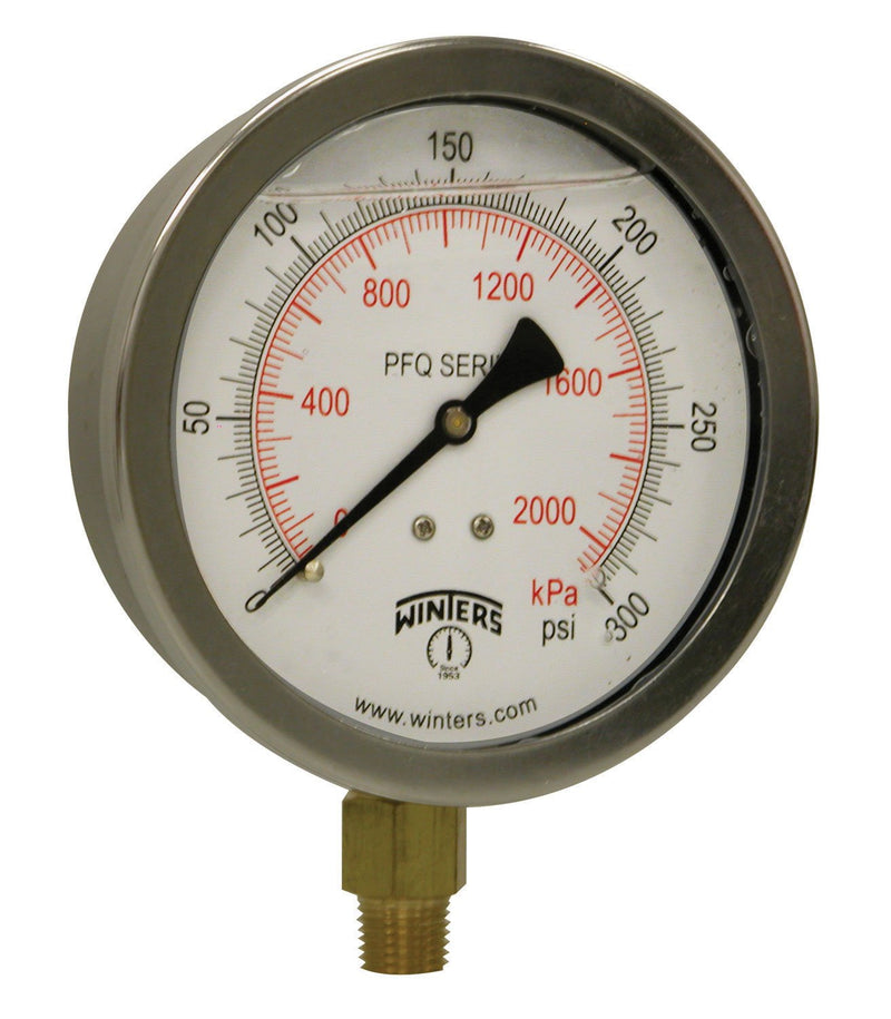 [Australia - AusPower] - Winters 4" Dial Size, Liquid Filled Industrial Pressure Gauge, Brass Internals, 304 Stainless Steel Case, Dual Scale 0-300 psi/kPa, 1.5% Acc, 1/4" NPT Bottom Mount, Glycerin Filled Pressure Gauge 