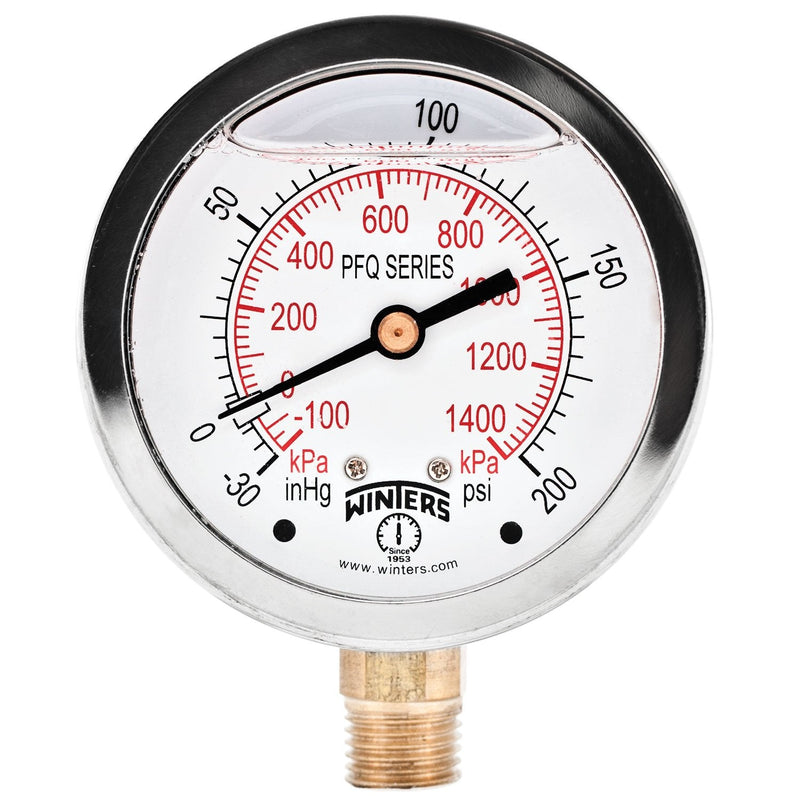[Australia - AusPower] - Winters 2-1/2" Dial Size, Liquid Filled Industrial Pressure Gauge, Brass Internals, Stainless Steel Case, Dual Scale 30" Hg-0-200 psi/kPa, 1.5% Acc, 1/4" NPT Bottom Mount, Pressure and Vacuum Gauge 30"/0/200 PSI/kPa 