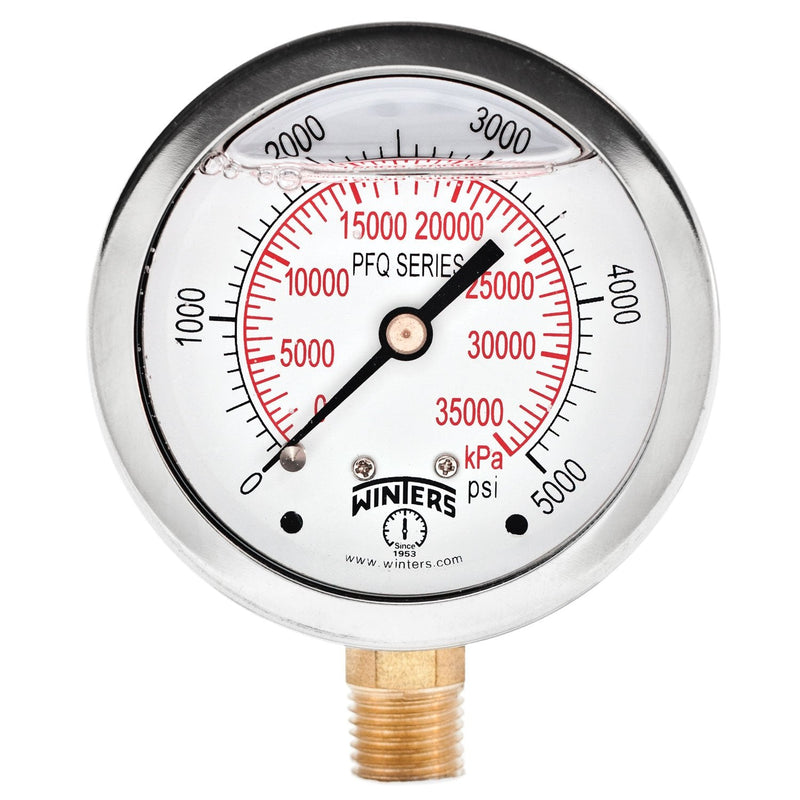[Australia - AusPower] - Winters 2-1/2" Dial Size, Liquid Filled Industrial Pressure Gauge, Brass Internals, Stainless Steel Case, Dual Scale 0-5,000 psi/kPa, 1.5% Acc, 1/4" NPT Bottom Mount, Glycerin Filled Pressure Gauge 0/5,000 PSI/kPa 