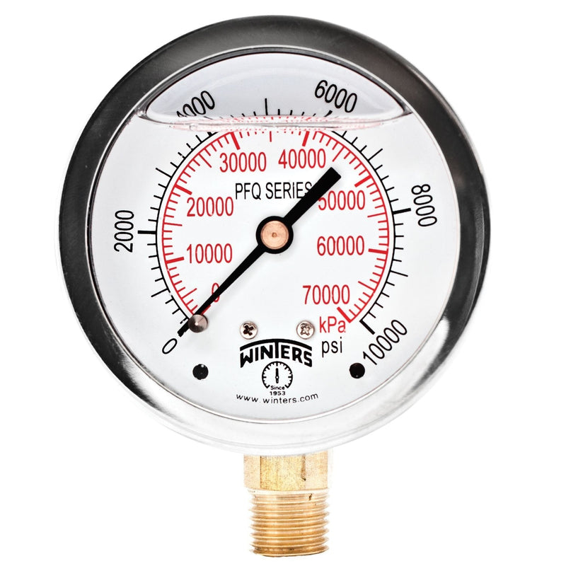 Winters 2-1/2" Dial Size, Liquid Filled Industrial Pressure Gauge, Brass Internals, Stainless Steel Case, Dual Scale 0-10,000 psi/kPa, 1.5% Acc, 1/4" NPT Bottom Mount, Glycerin Filled Pressure Gauge 0/10,000 PSI/kPa