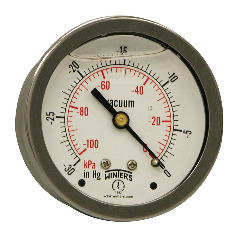 [Australia - AusPower] - Winters 2-1/2" Dial Size, Liquid Filled Industrial Pressure Gauge, Brass Internals, 304 Stainless Steel Case, Dual Scale 30 inch Hg-0 Vac/kPa, 1.5% Acc, 1/4" NPT Back Mount, Vacuum Pressure Gauge 30" Hg VAC/kPa 