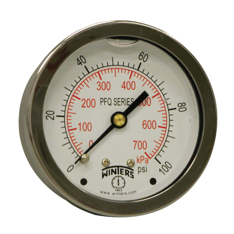 Winters 2-1/2" Dial Size, Liquid Filled Industrial Pressure Gauge, Brass Internals, 304 Stainless Steel Case, Dual Scale 0-100 psi/kPa, 1.5% Acc, 1/4" NPT Back Mount, Glycerin Filled Pressure Gauge 0/100 PSI/kPa