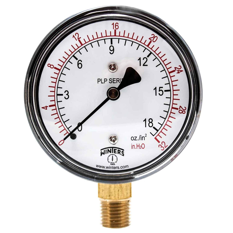 [Australia - AusPower] - Winters PLP Series Steel Dual Scale Low Pressure Gauge with Brass Internals, 0-32" Water/Oz, 2-1/2" Dial Display, +/- 3-2-3% Accuracy, 1/4" NPT Bottom Mount 