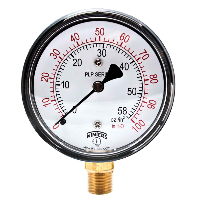 [Australia - AusPower] - Winters PLP Series Steel Dual Scale Low Pressure Gauge with Brass Internals, 0-100" Water/Oz, 2-1/2" Dial Display, +/- 3-2-3% Accuracy, 1/4" NPT Bottom Mount 