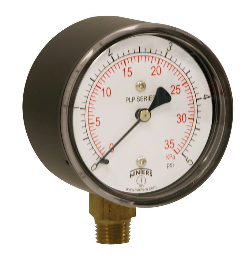 [Australia - AusPower] - Winters PLP Series Steel Dual Scale Low Pressure Gauge with Brass Internals, 0-5 psi, 2-1/2" Dial Display, +/- 3-2-3% Accuracy, 1/4" NPT Bottom Mount 