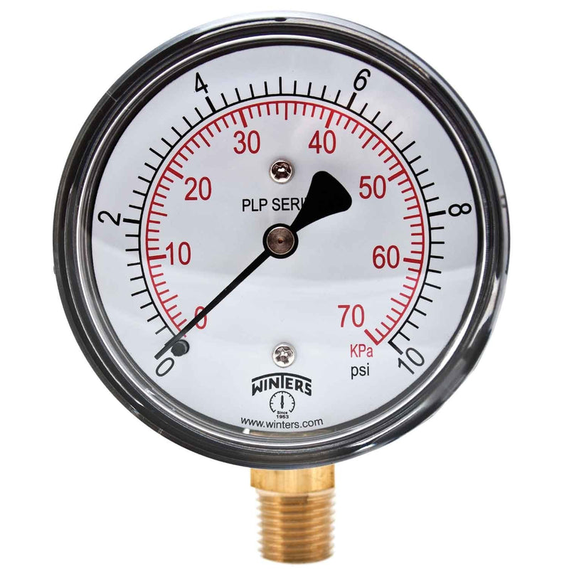 [Australia - AusPower] - Winters PLP Series Steel Dual Scale Low Pressure Gauge with Brass Internals, 0-10 psi, 2-1/2" Dial Display, +/- 3-2-3% Accuracy, 1/4" NPT Bottom Mount 