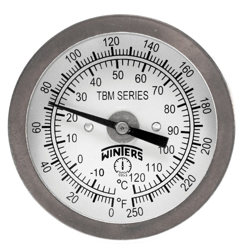 [Australia - AusPower] - Winters TBM Series Stainless Steel 304 Dual Scale Bi-Metal Thermometer, 2-1/2" Stem, 1/4" NPT Fixed Center Back Mount Connection, 2" Dial, 0-250 F/C Range Fixed centre back 