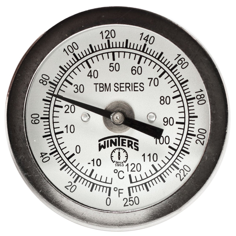 [Australia - AusPower] - Winters TBM Series Stainless Steel 304 Dual Scale Bi-Metal Thermometer, 4" Stem, 1/4" NPT Fixed Center Back Mount Connection, 2" Dial, 0-250 F/C Range 