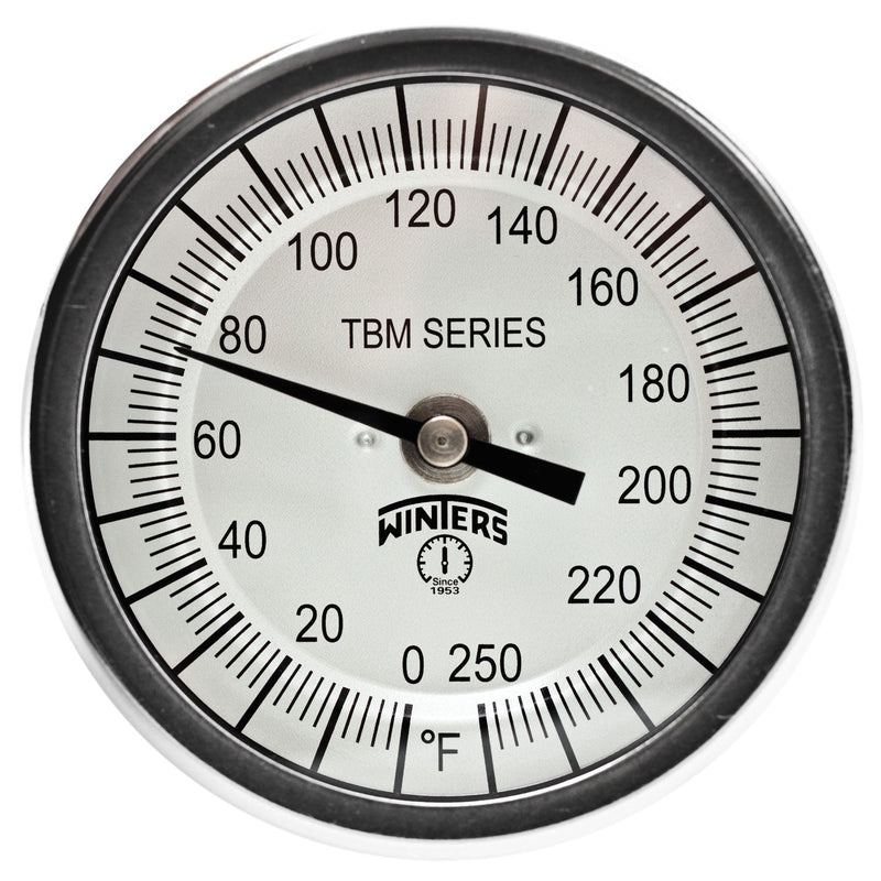 [Australia - AusPower] - Winters TBM Series Stainless Steel 304 Single Scale Bi-Metal Thermometer, 4" Stem, 1/2" NPT Fixed Center Back Mount Connection, 3" Dial, 0-250 F Range 