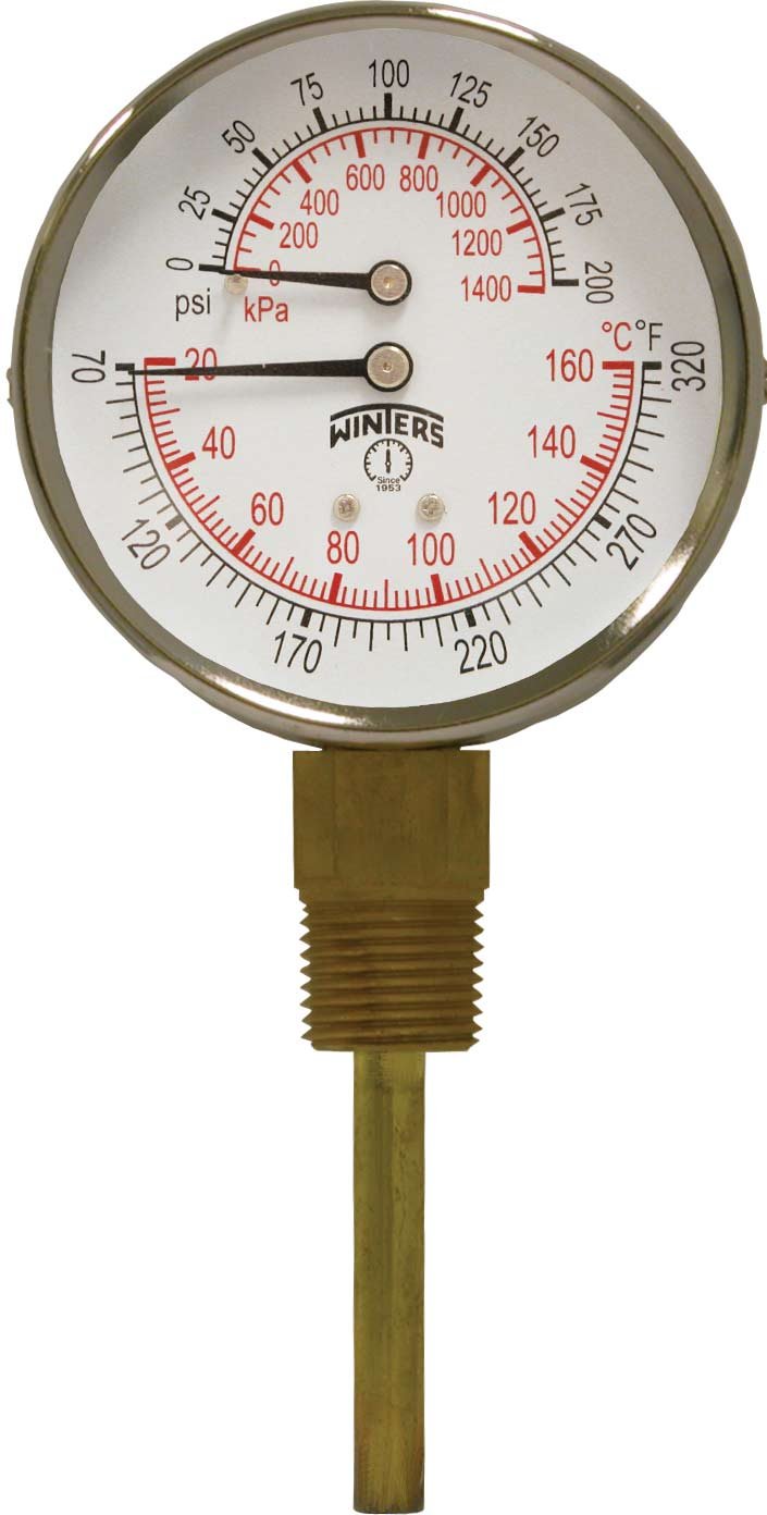 [Australia - AusPower] - Winters TTD Series Steel Dual Scale Tridicator Thermometer with 2" Stem, 0-200psi/kpa, 3" Dial Display, ±3-2-3% Accuracy, 1/2" NPT Bottom Mount, 70-320 Deg F/C 
