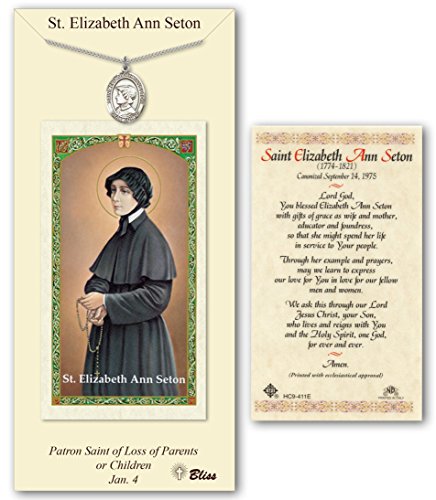 Pewter St. Saint Elizabeth Ann Seton medal on an 18in Stainless Silver Lite Curb Chain with a Prayer to St Elizabeth Anne Seton Prayer Card Medal Pendant Necklace.