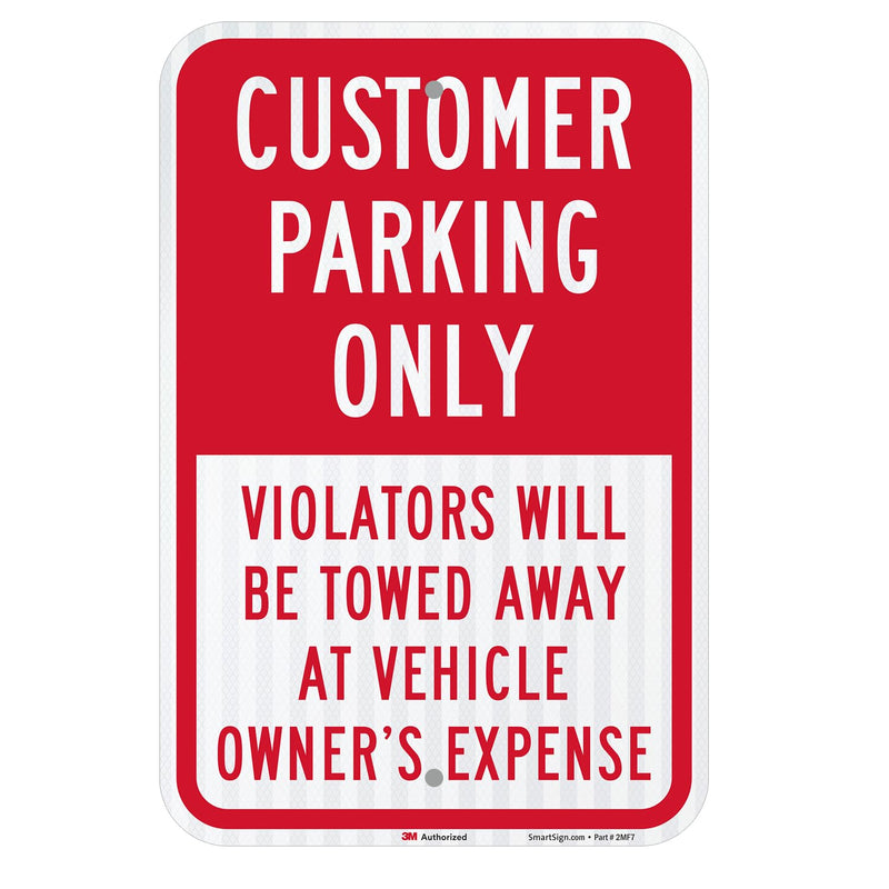 SmartSign 18 x 12 inch “Customer Parking Only - Violators Towed” Metal Sign, 63 mil Aluminum, 3M Laminated High-Intensity Grade Reflective Material, Red and White 12" x 18" - HI Reflective Aluminum