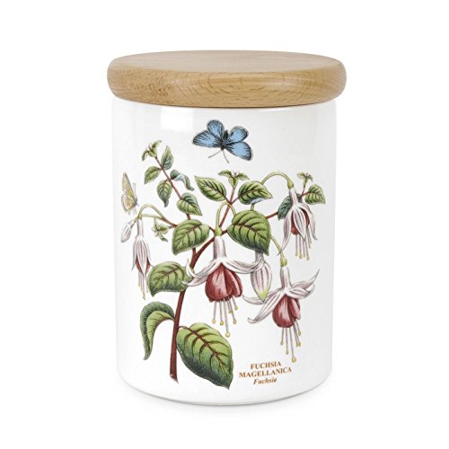 Portmeirion Botanic Garden 5.5" Airtight Canister - Earthenware Storage Container with Wooden Cover, Fuchsia Floral Motif, Dishwasher Safe, Ideal for Kitchen Storage Solutions & Coffee Station 5.5 inch H