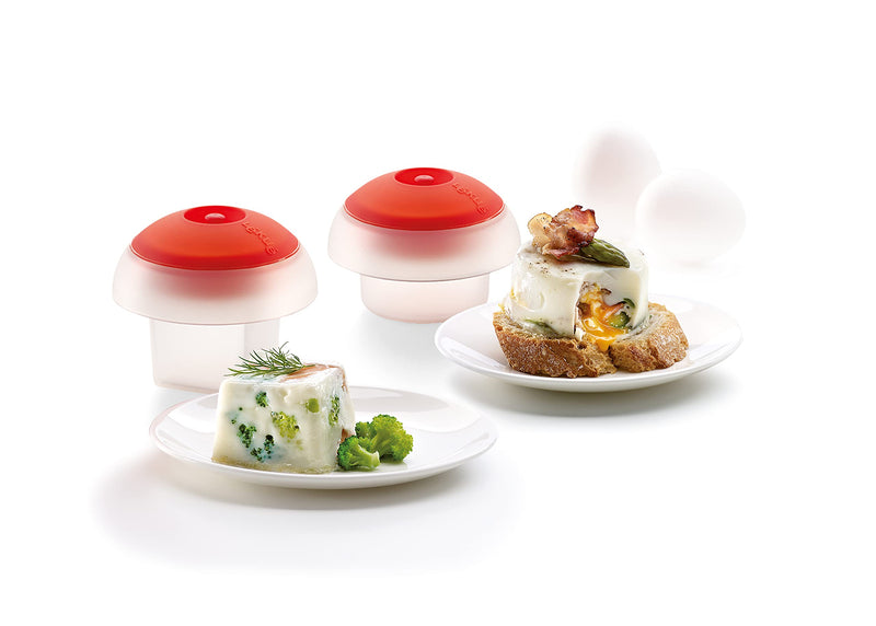 Lékué Microwave Ovo Egg Cooker | Set of 2 | x1 Round & x1 Square Egg Mold | Fast Egg Cooker in Pan or Microwave | Add Vegetables For Mini Omelets | Dishwasher Safe | Cooking Guide & Recipes Included Cylinder/Square Red