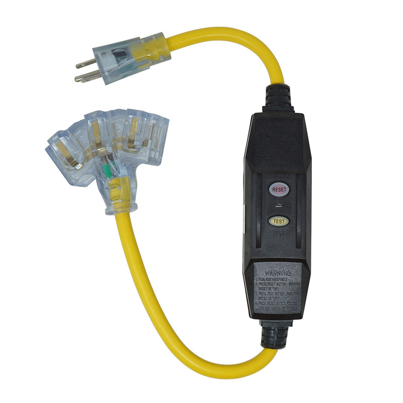 Southwire Yellow Jacket 2816 Coleman GFCI Quad In-Line Power Block - 125 V - 15 A - 12/3 AWG SJTW - 3-Outlet - Yellow - Durable Electrical Cord