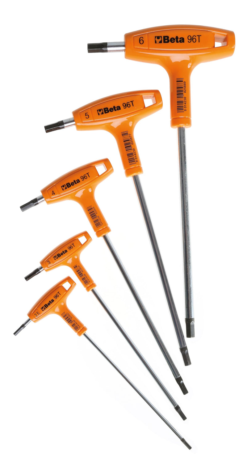 Beta 96T/S5P Set of 5 Metric 2.5mm-6mm T-Handle Hex Key Allen Wrenches | Made in Italy |Ergonomic with Dual Hex Tips|Lanyard Tether Ready Hole|Industrial Strength|Steel Bar Molded Through the Handle