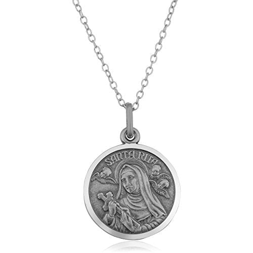 Oxidized Sterling Silver Round Saint Rita Medal Necklace (18 mm, 18 inch)