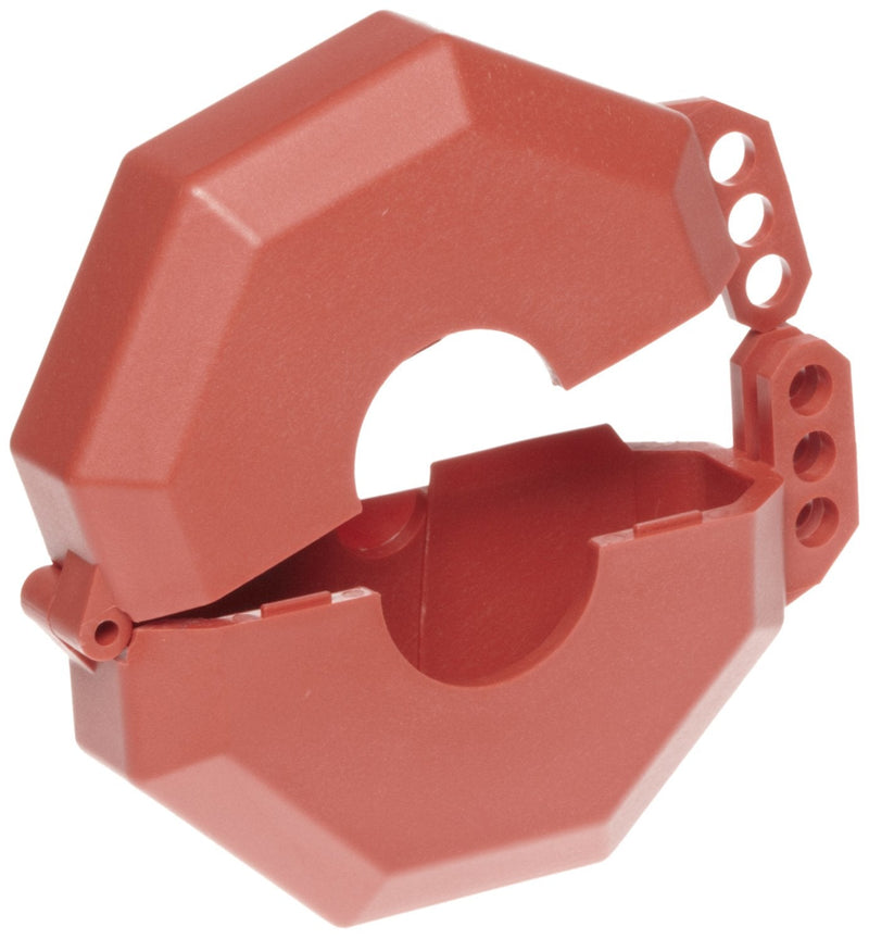 Accuform KDD471 STOPOUT Gate Valve Lockout, Fits Valve Handle Diameter 2-1/2" to 5", Hinged Plastic Clamshell Housing, Red 2.5" - 5"